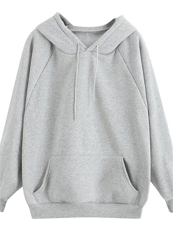 Solid color women's loose hoodie with long sleeves and front pockets in gray for casual style and comfort, SKU SF0064.